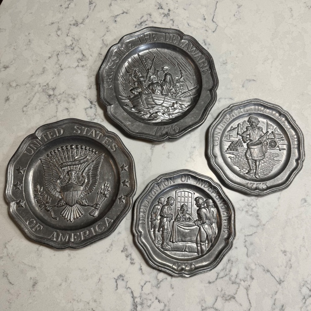 Sexton Pewter Historical Plates Set of 4 1772-1776 USA Wall Decor Vintage